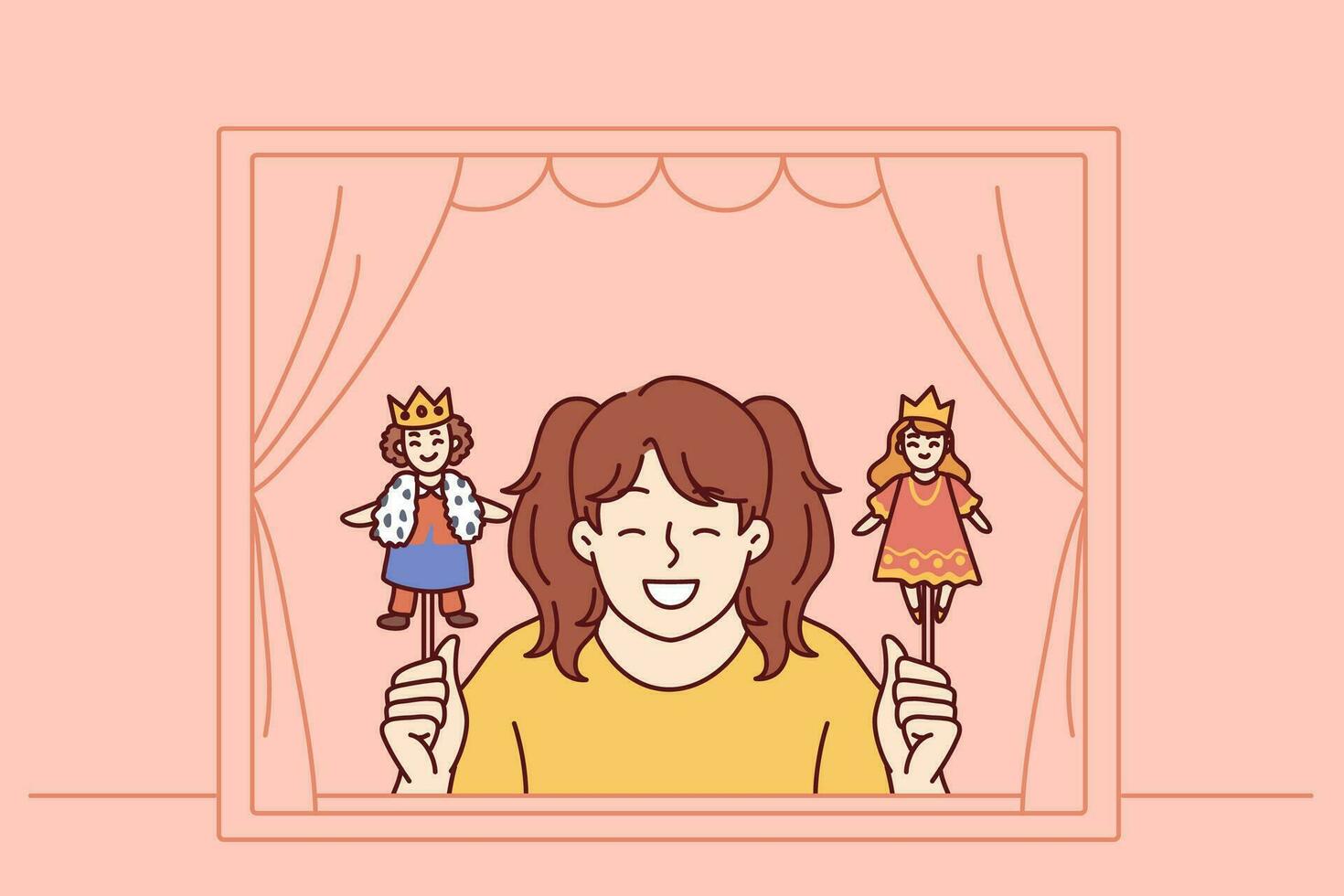 Girl performs in puppet theater showing scene with prince and princess for concept of children creativity. Little schoolgirl smiles after participating in theater production for classmates vector