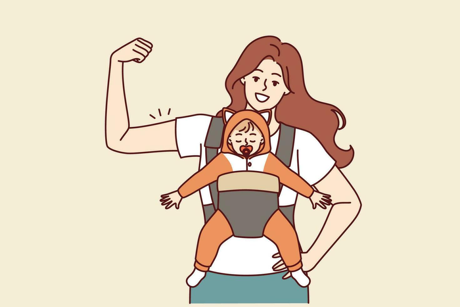 Strong mother with newborn in baby carrier shows biceps demonstrating confidence in happy future of child. Young self-confident mother proud to raise son or daughter alone for feminism concept vector