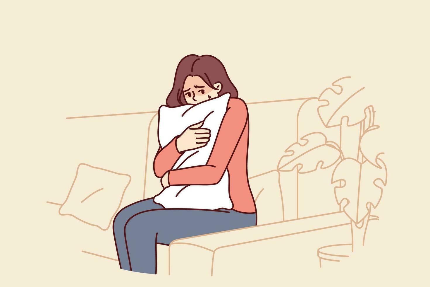 Frightened woman hugging pillow sitting on couch feeling fear and depressed psychological state. Frightened teen girl is afraid to be alone and sad because of breaking up with boyfriend vector