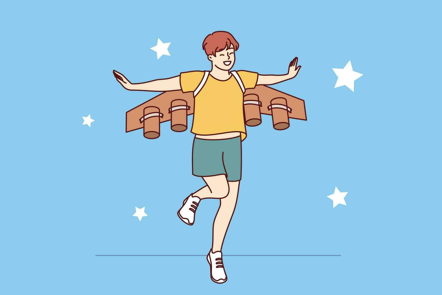 Little boy dreams of becoming pilot or astronaut and jumps in suit with airplane wings. Cheerful teenager imagines that became professional pilot and went to fly through starry sky vector