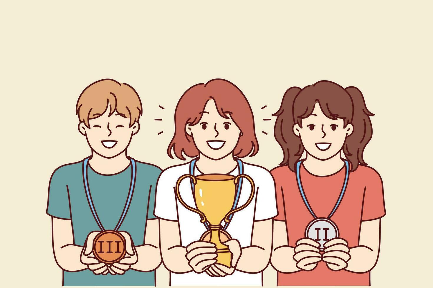 niños con trofeos para victorioso colegio olimpiadas o competiciones alegrarse en premios para liderazgo posiciones. niña con ganador taza soportes cerca compañeros de clase con medallas fuera para victorioso competencia vector