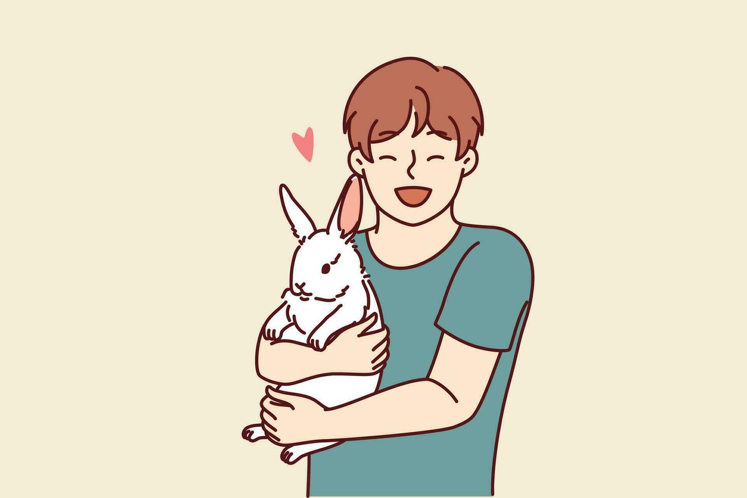 Boy with little rabbit laugh hugging beloved pet for concept of love for domestic animals. Happy child with white eared rabbit for advertising pet store with goods for pets and their owners vector