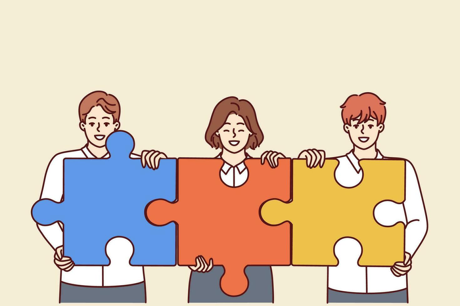 Team of businesspeople with puzzles symbolizing teamwork and collaboration to achieve business goals. Office workers call for collaboration for productive teamwork and company development vector