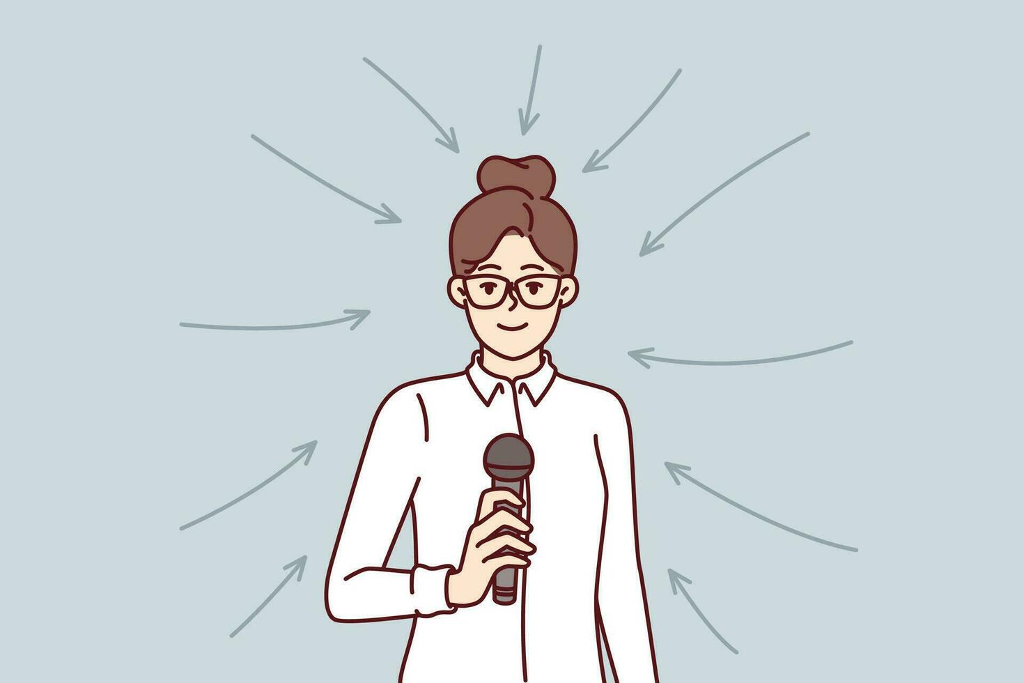 Business woman with microphone stands among arrows for concept of participation in professional seminar or conference. Girl business coach holds mic motivating company team for productive work vector