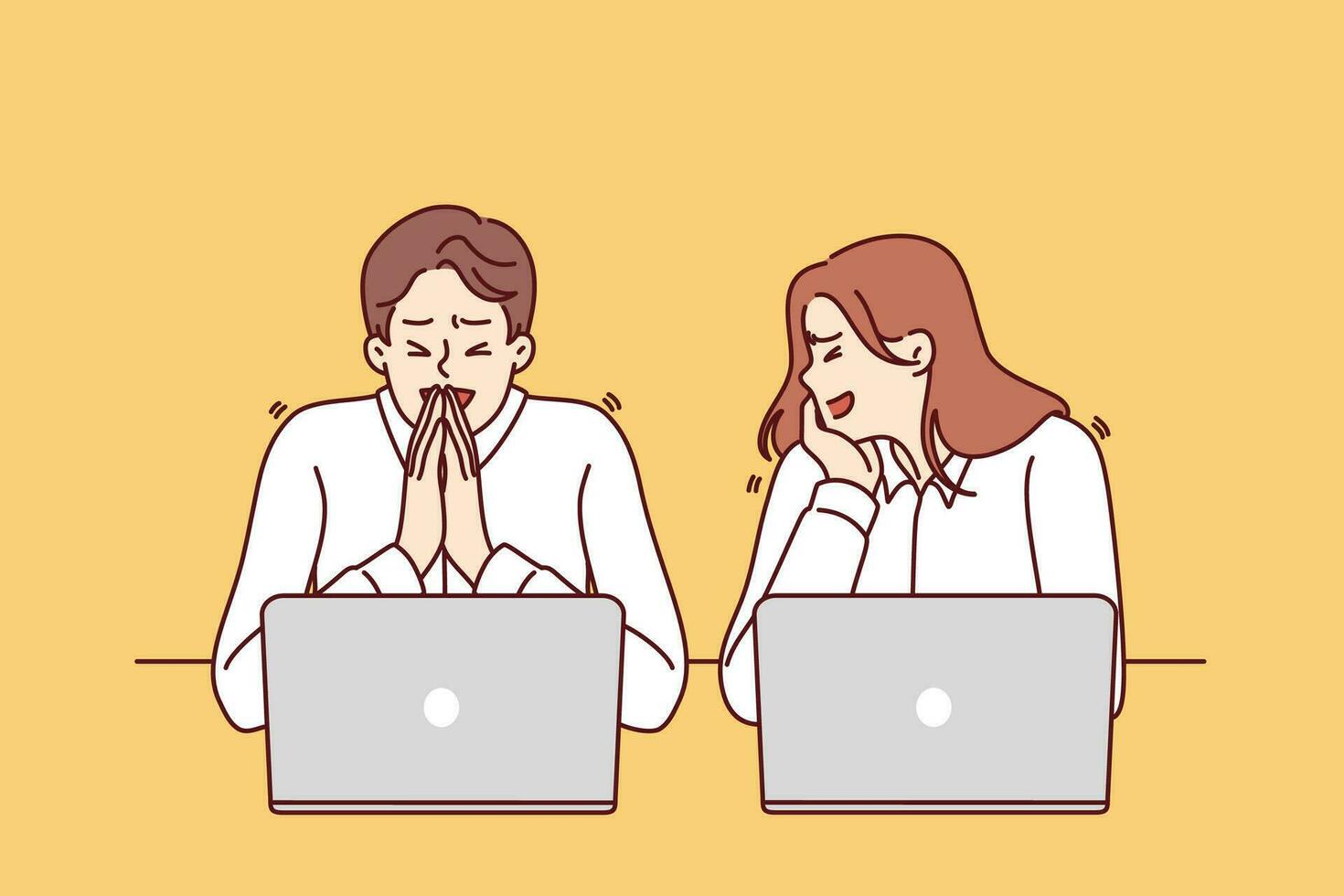 Office workers laugh sitting at workplace with laptops for concept of friendly team in business. Guy and girl laugh taking break from work and being distracted from performance of official tasks vector