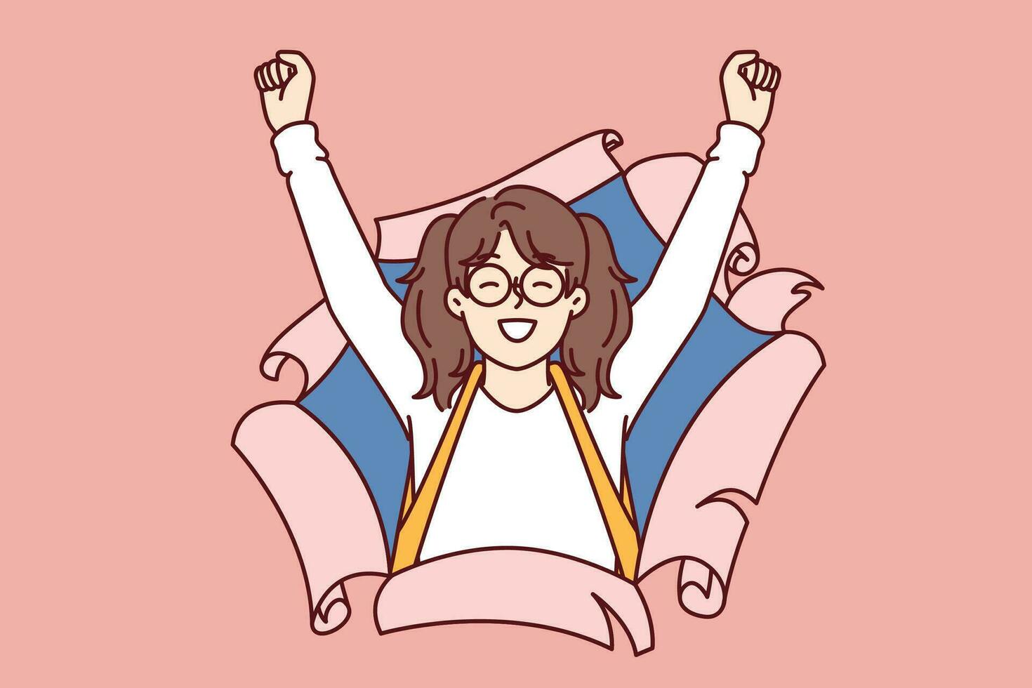 Overjoyed little girl from elementary school with smile raises hands up, looking out of torn paper. Cheerful schoolgirl celebrating victory in olympiad or good mark for lesson by school teacher vector