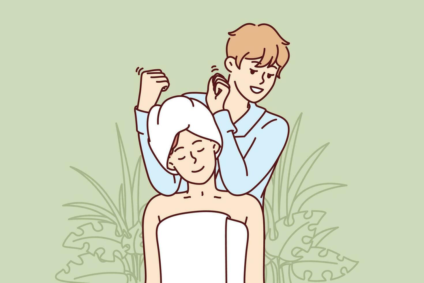Woman visits massage therapist in SPA salon and sits in towel enjoying relaxing treatments. Man works in SPA center giving shoulder and neck massage to visitor in need of manual procedures vector