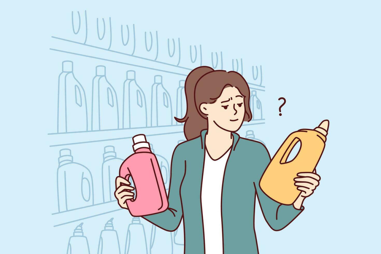 Woman holds bottles of laundry detergent or cleaning product standing near shelves in grocery supermarket. Girl visitor to supermarket compares goods choosing best option for purchase vector