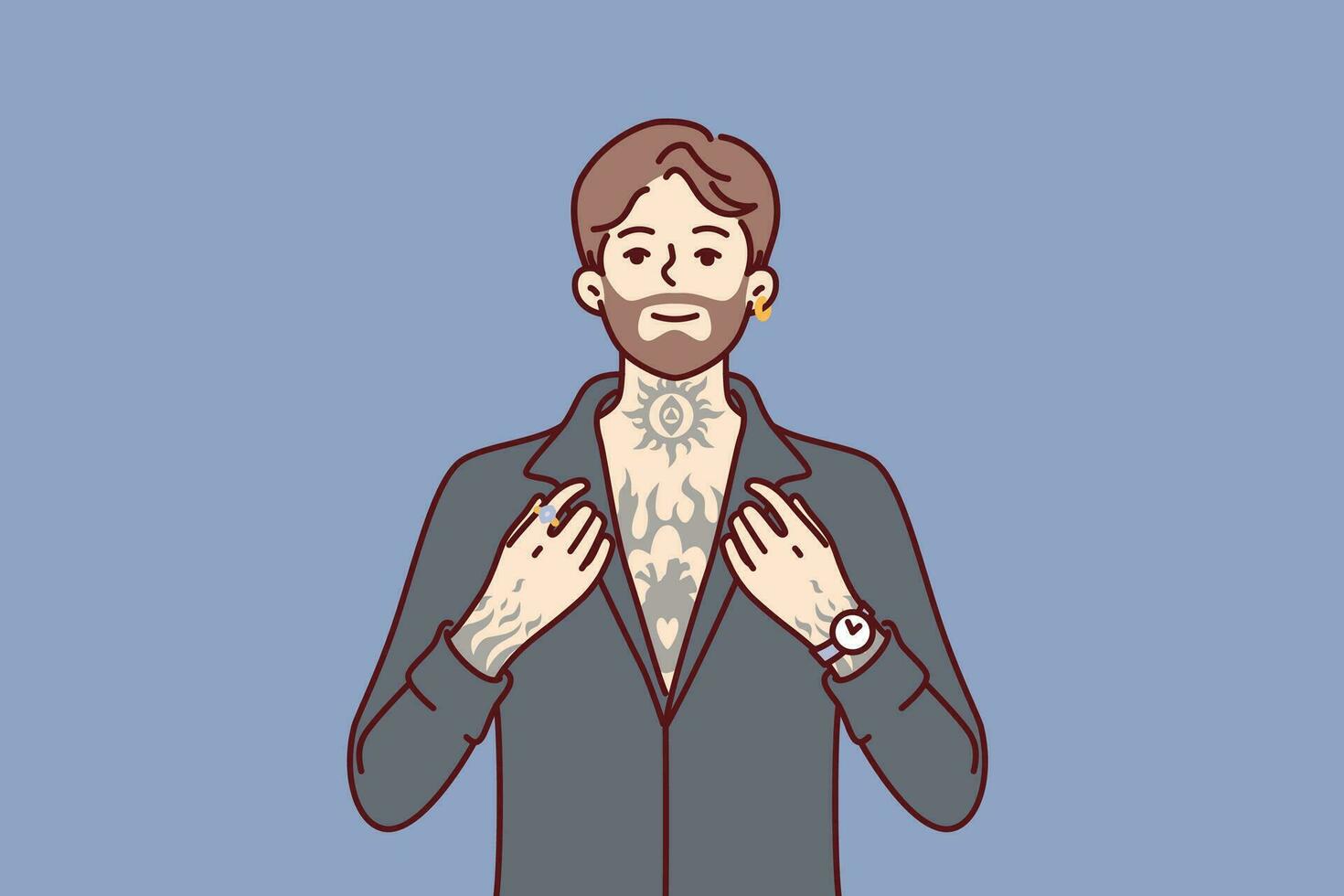 hipster hombre con tatuajes en cuerpo y barba en cara poses en ropa para yendo a club o fiesta. hipster chico con arete en oído es vestido en negro camisa para concepto de gángster masculino Mira vector