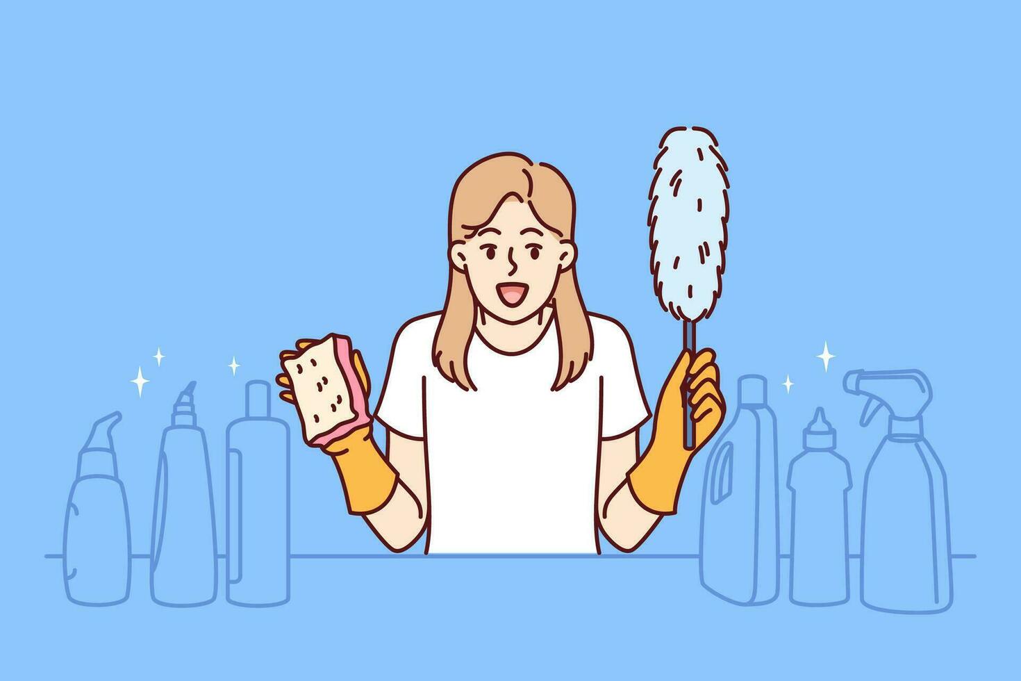 Cheerful woman housekeeper screams and holds cleaning brush in hands, standing near table with detergents. Girl housekeeper rejoices in good chemicals for cleaning in apartment or house vector