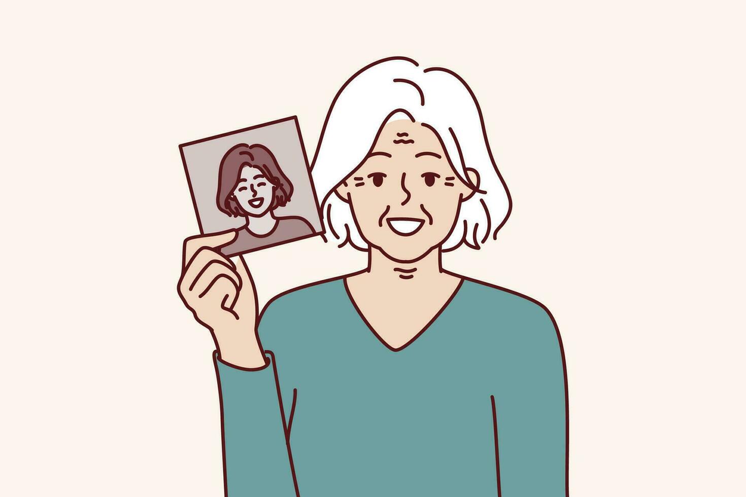 Elderly gray-haired woman shows own old photo for concept of memory of past and nostalgia. Elderly grandmother with smile holds black and white portrait to show what she looked like in youth vector