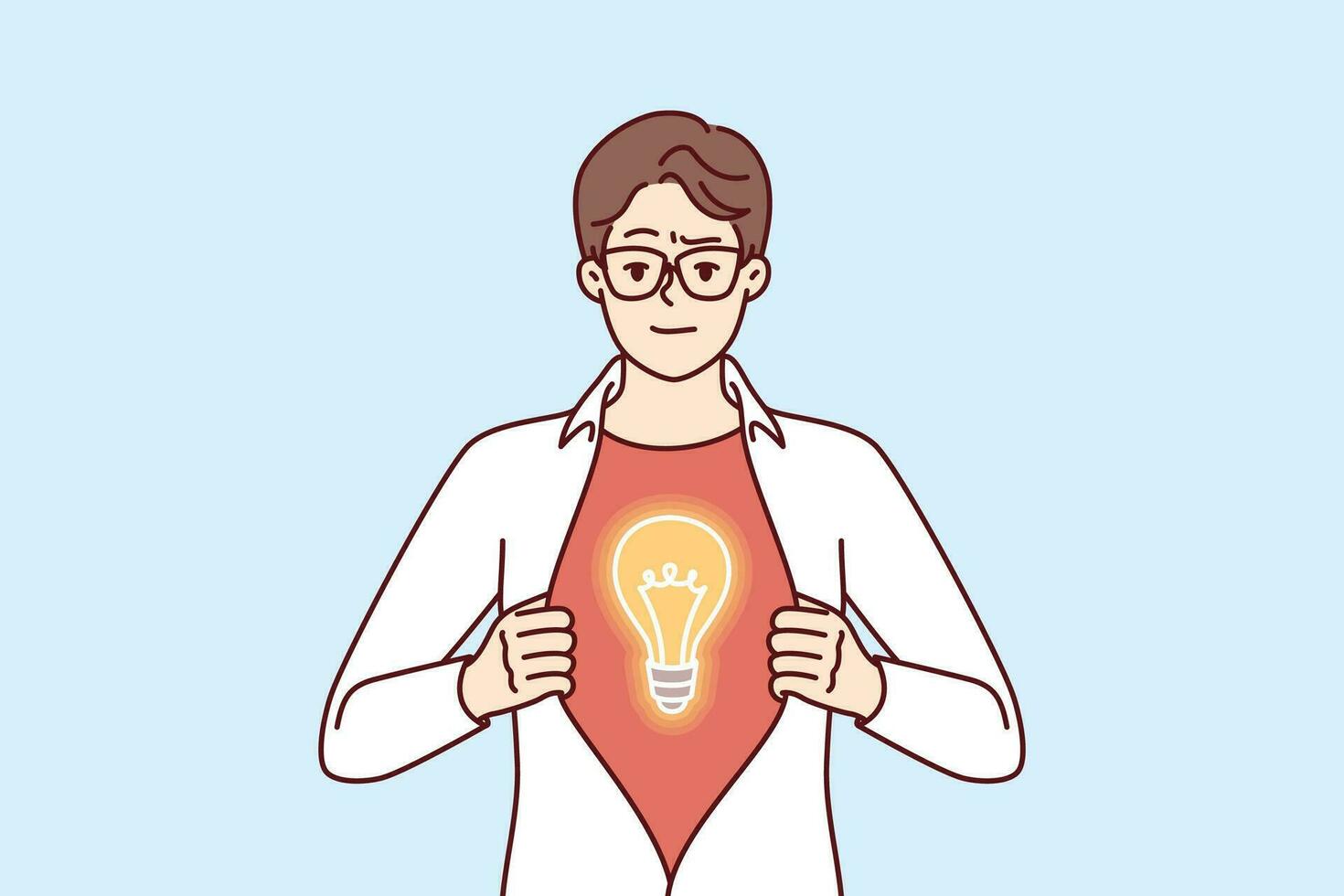 Businessman with brilliant idea rips shirt on chest showing off superhero costume with light bulb. Male manager heroically proposes new idea to improve business processes or increase sales vector