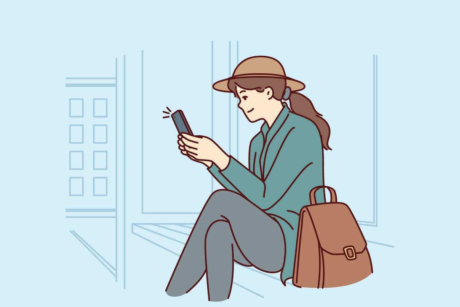 Woman is sitting at bus stop using phone to track public transport via GPS navigation. Successful girl tourist waiting for bus or tram after arriving in new city for business trip. vector