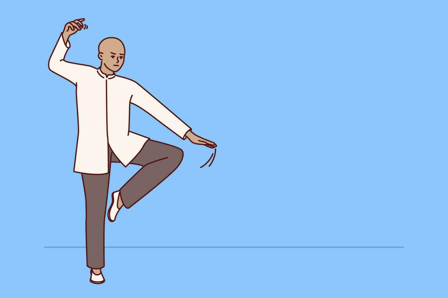 Chinese man practicing qi qong taijiquan does breathing exercises during martial arts training. Specialist in traditional chinese martial gymnastics demonstrates smooth movements for warm-up vector