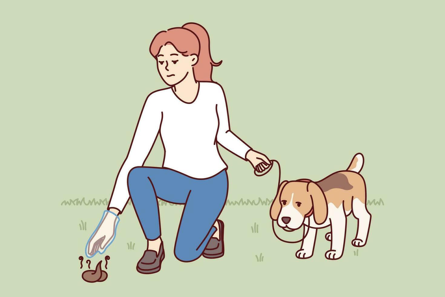 Woman walks dog with poop bag and picks up feces from ground, taking care of purity of nature. Young girl with dog on leash is in park and cleans after pet, showing civic awareness vector
