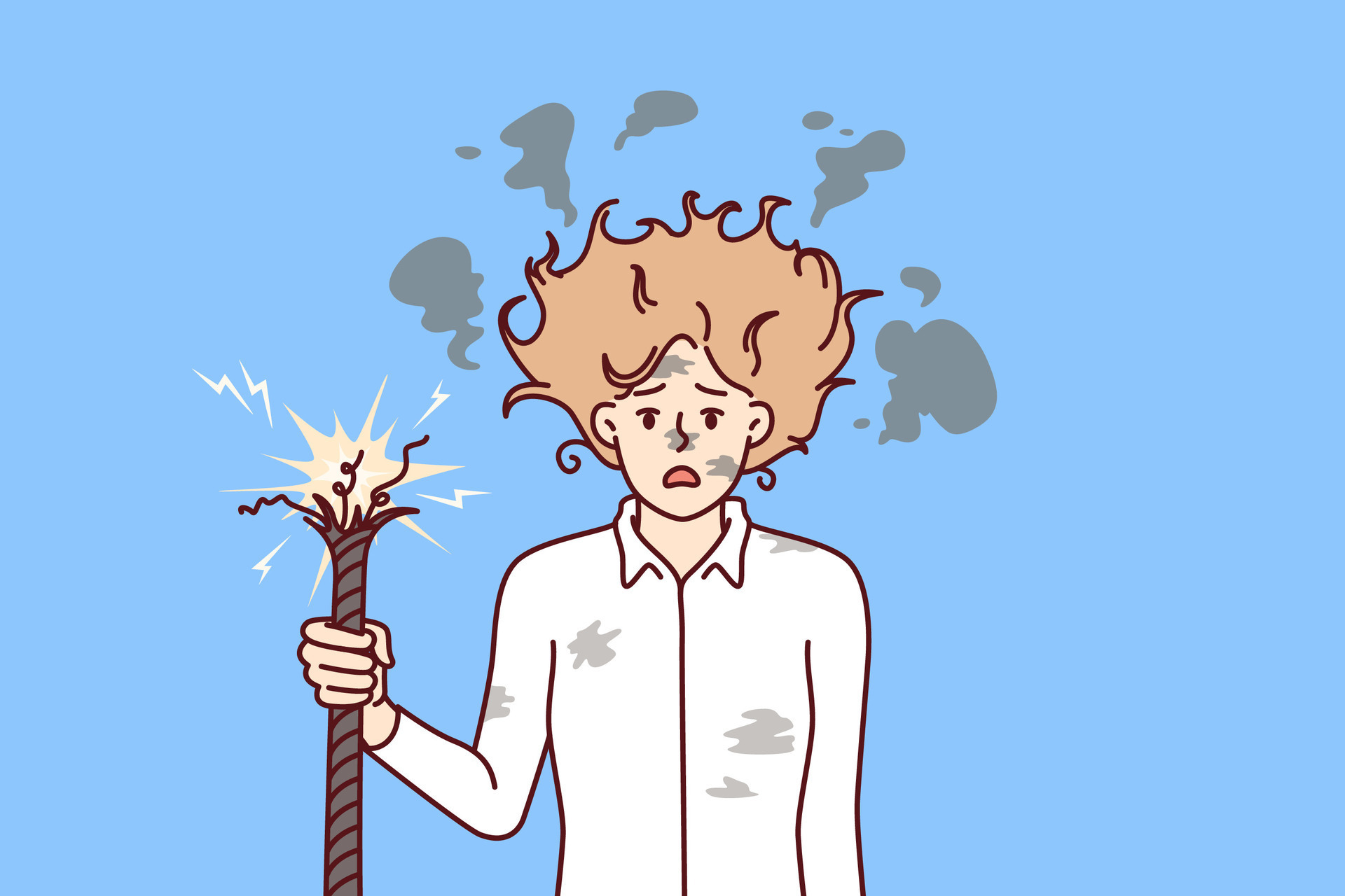 negocio mujer es electrocutado por roto cable, en pie con lanudo pelo y