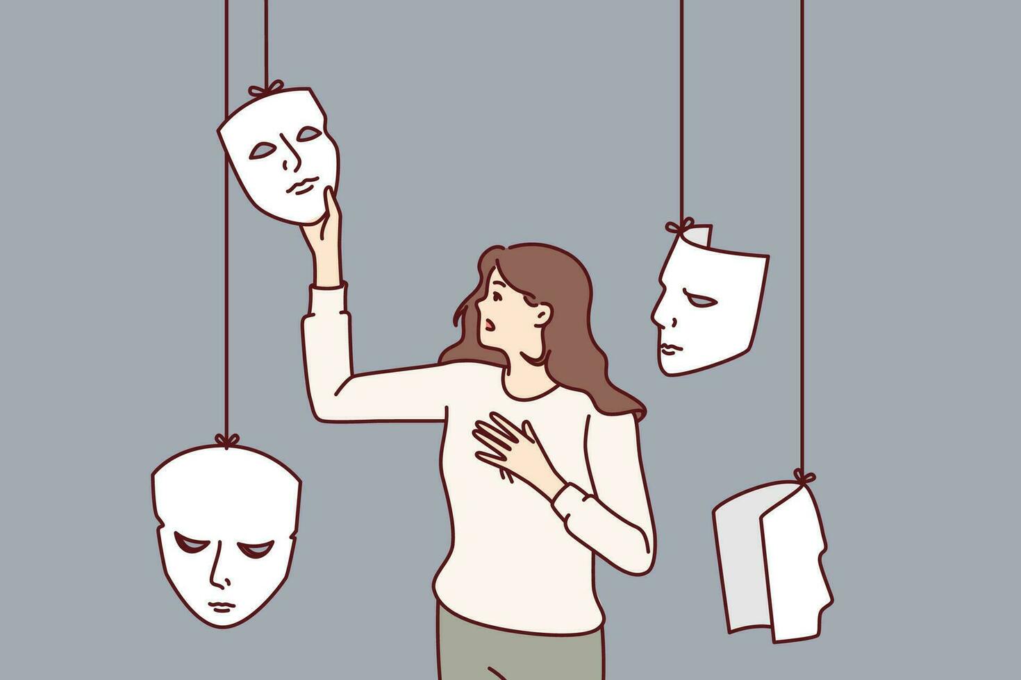 mujer Actriz elige máscara para ejecutando en teatro o sustituyendo emociones a engañar interlocutor. niña con mascaras, metáfora para hipocresía y mental trastorno o mental problemas. vector