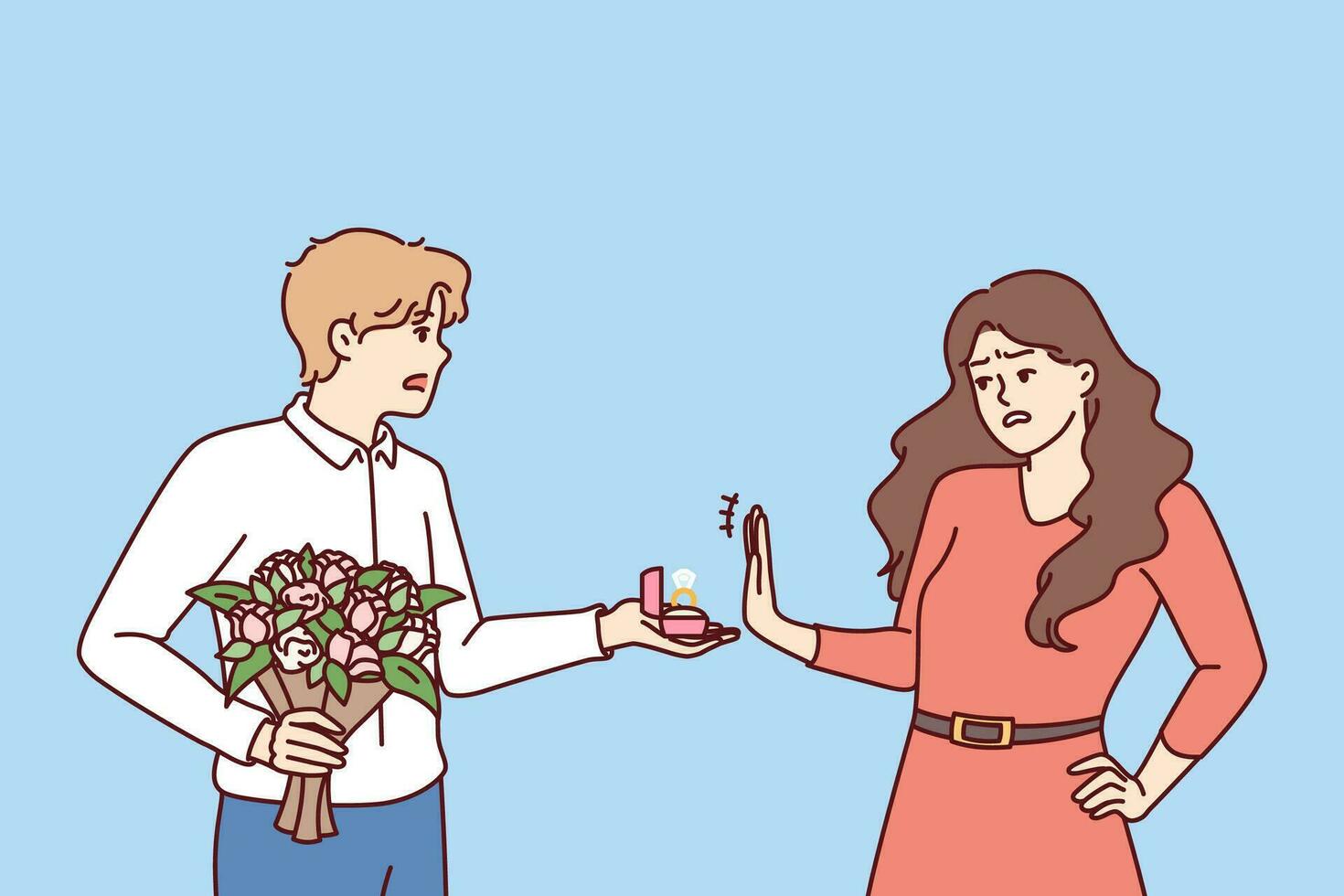 Woman rejects marriage proposal from man holding engagement ring and bouquet of flowers. Groom gets rejected by bride after marriage proposal for concept of unsuccessful choice of couple for wedding vector