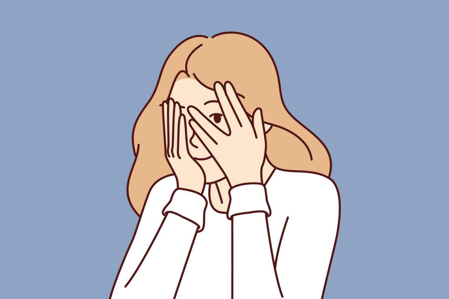 Woman covers eyes with hands and peeps, refusing to see unpleasant things and hiding from problems. Cute girl coquettishly covers face and peeps at your actions through crack in fingers vector