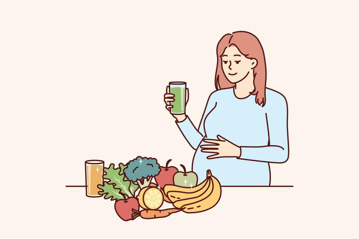 Pregnant woman drinks juice from fresh fruits and vegetables standing near steel with healthy food with vitamins. Pregnant girl is preparing to become mother and take care of unborn child vector