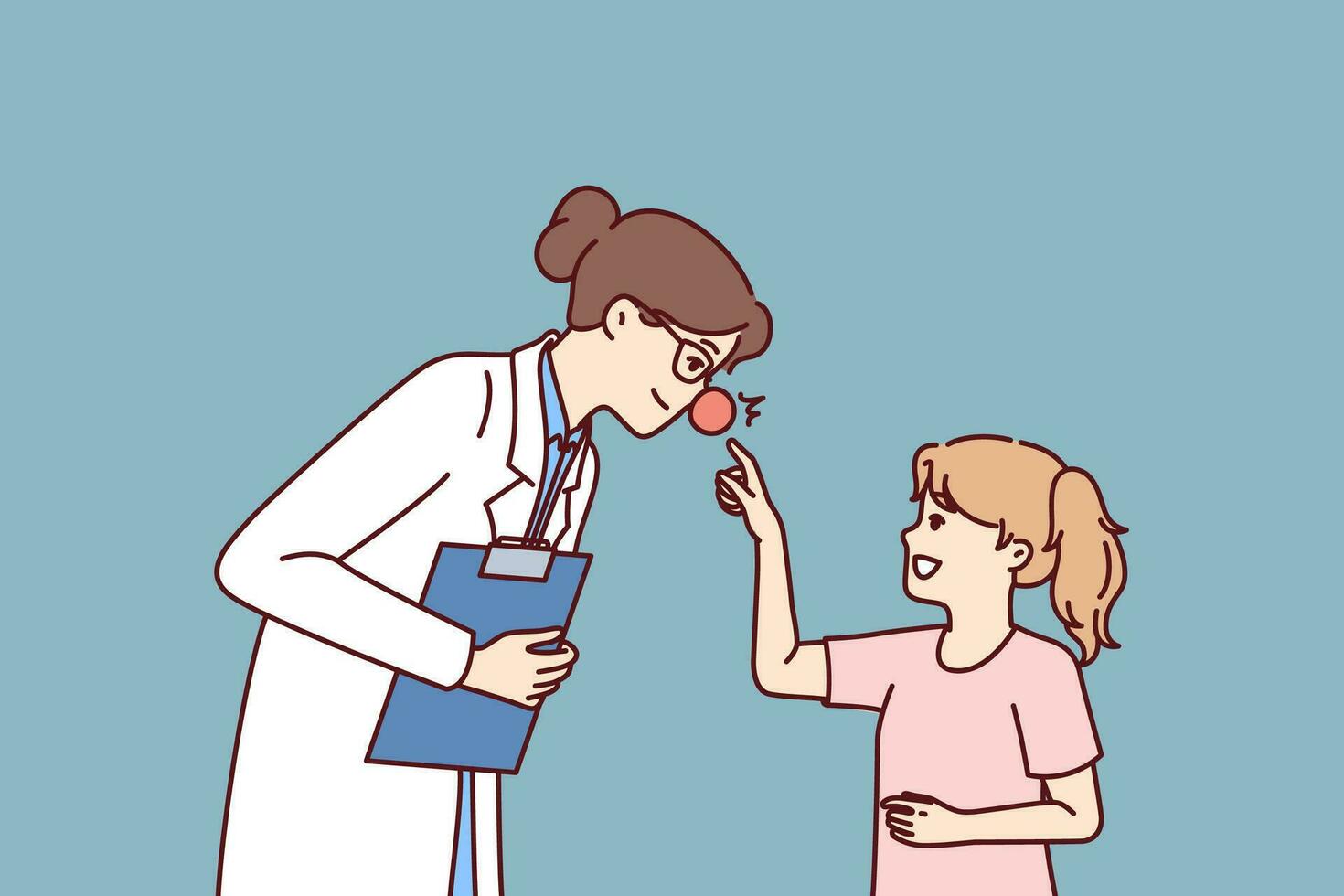 Woman doctor with red nose leans towards little girl for concept of treating children in pediatric clinic. Doctor wants to cheer up child and provide psychological support conducive to recovery vector