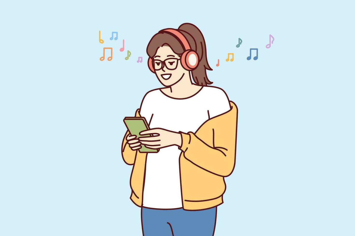 Teenage girl listens music on headphones and holds phone with application to select track from playlist. Young woman meloman uses wireless headphones and smartphone to search for favorite music vector