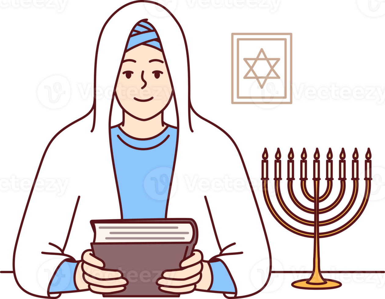 Jewish woman rabbi in white veil, holds torah in hands and sits near image of star of david png