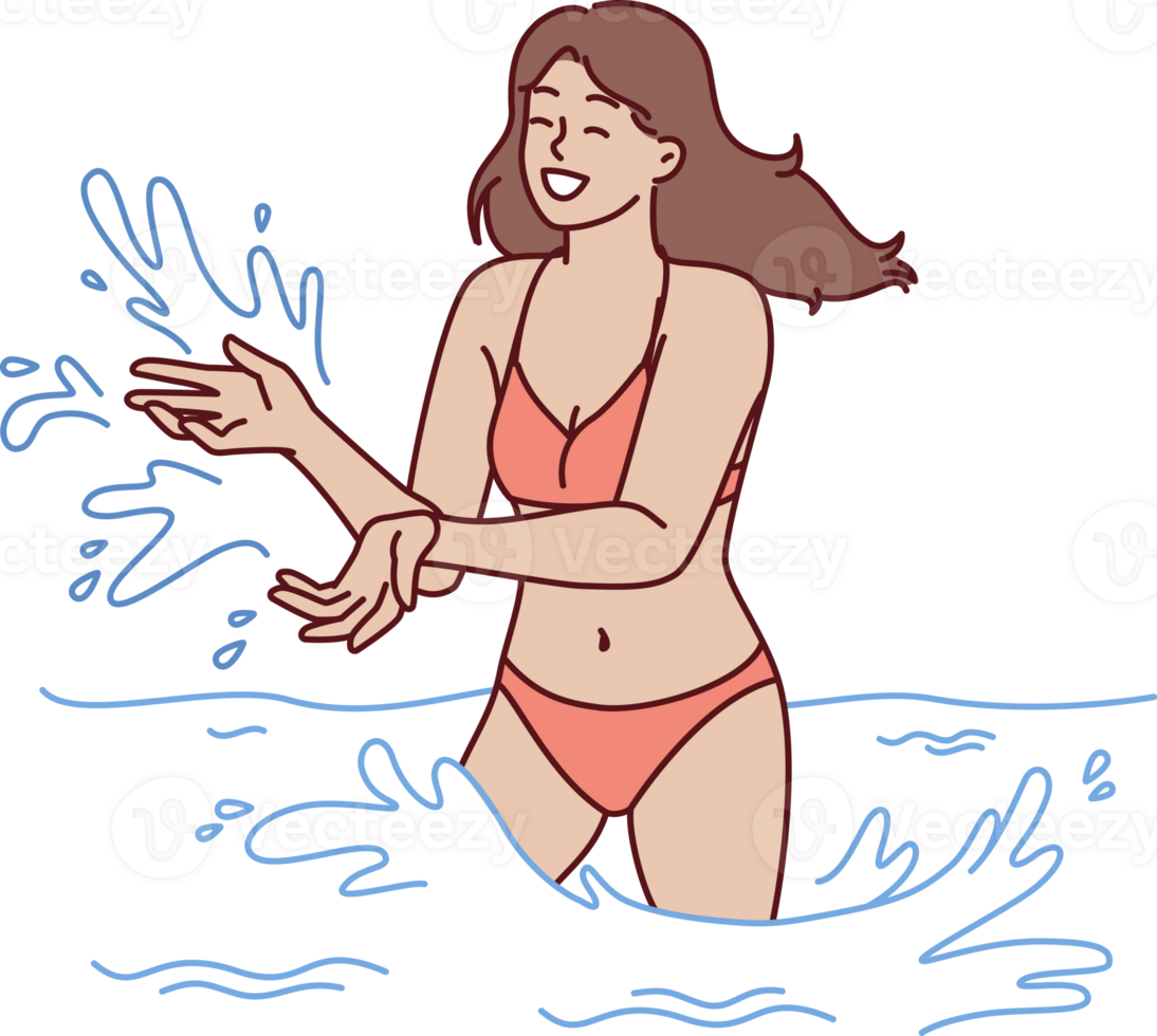 vrouw in bikini zwemt in zee en spatten met water genieten van zomer reizen of reis naar waterpark png