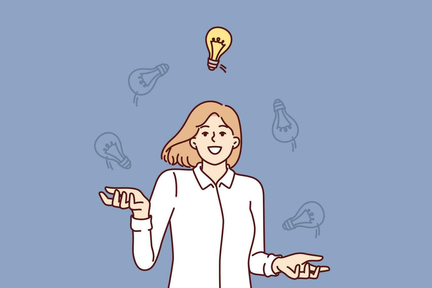 Business woman with lot of new ideas juggles light bulbs choosing best option to complete task assigned by manager. Smart girl with good ideas to launch own startup or move up career ladder vector