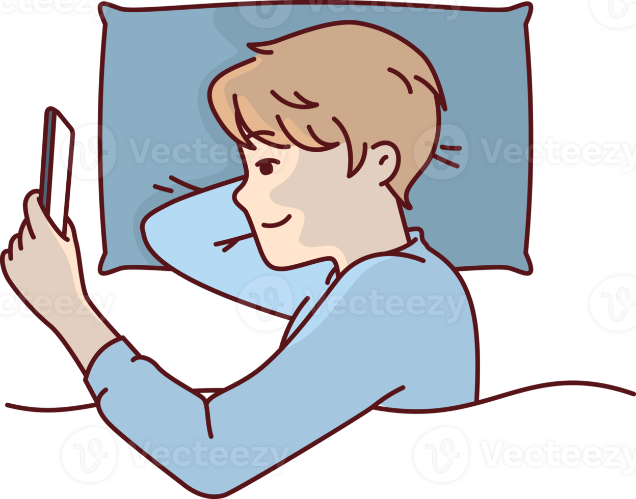Boy with phone licks in bed and watches movie with smile or plays game refusing to sleep png