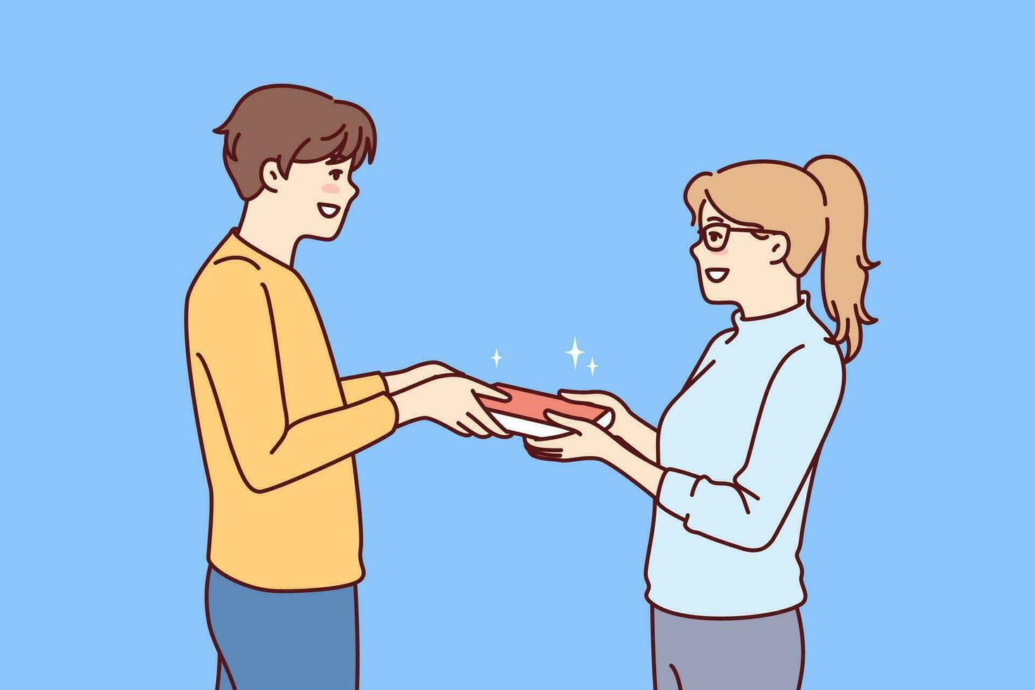 Guy student passes book to girl for concept of school love or joint preparation for exams. Enamored schoolboy and schoolgirl holding book to prepare report on instructions of teacher vector