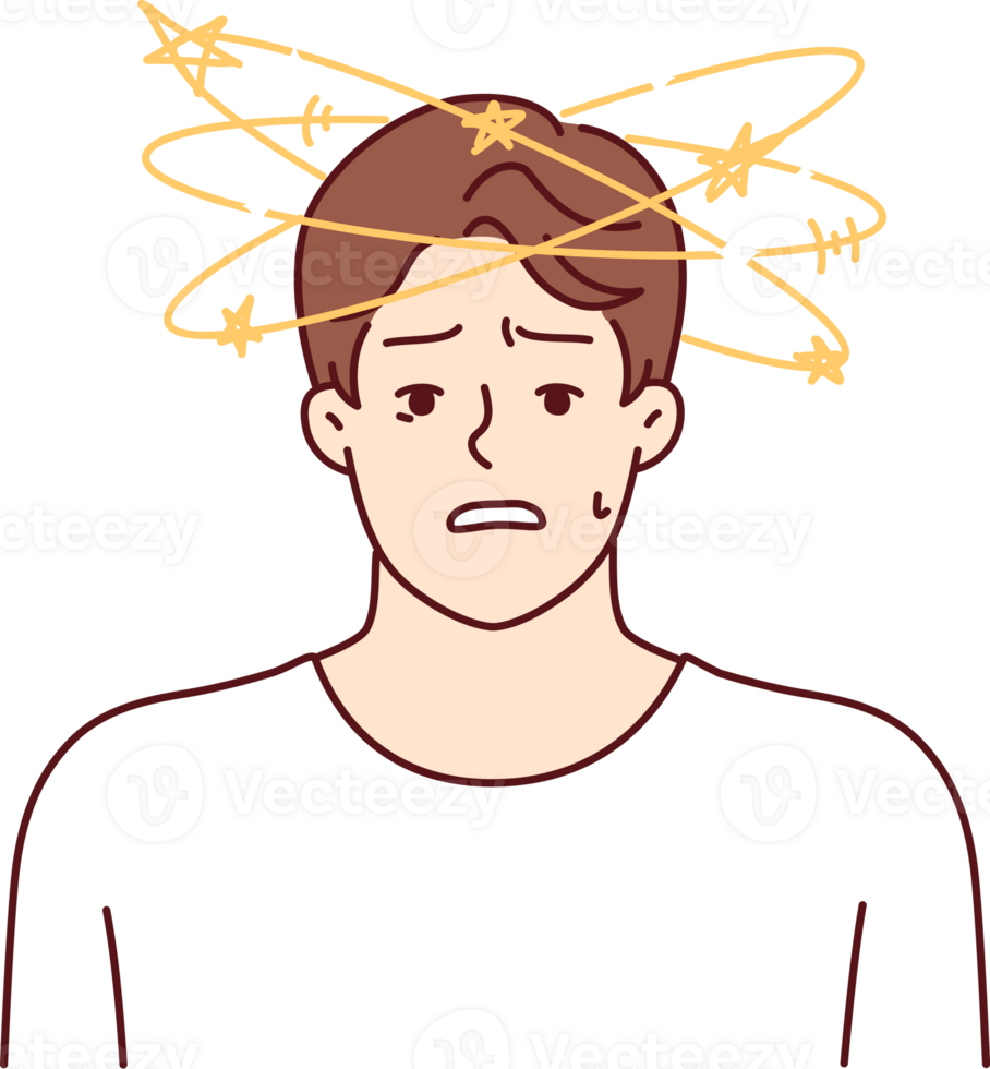 Man with dizziness and stars flying around head looks at camera in confusion after blow or fall png