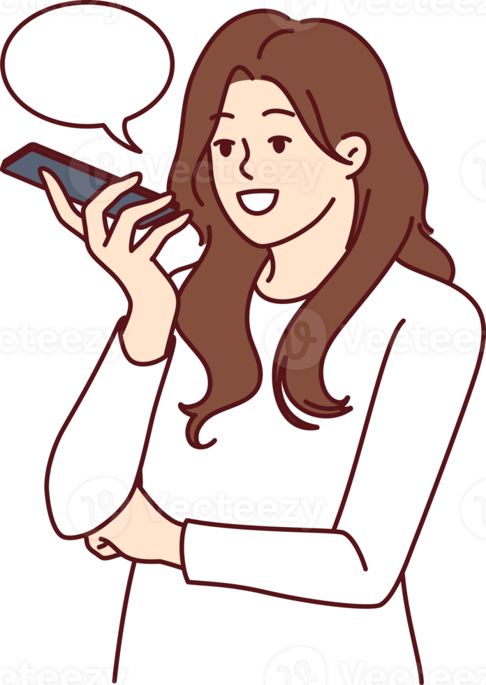 Woman with phone records audio message or using speech recognition features to send via messenger png
