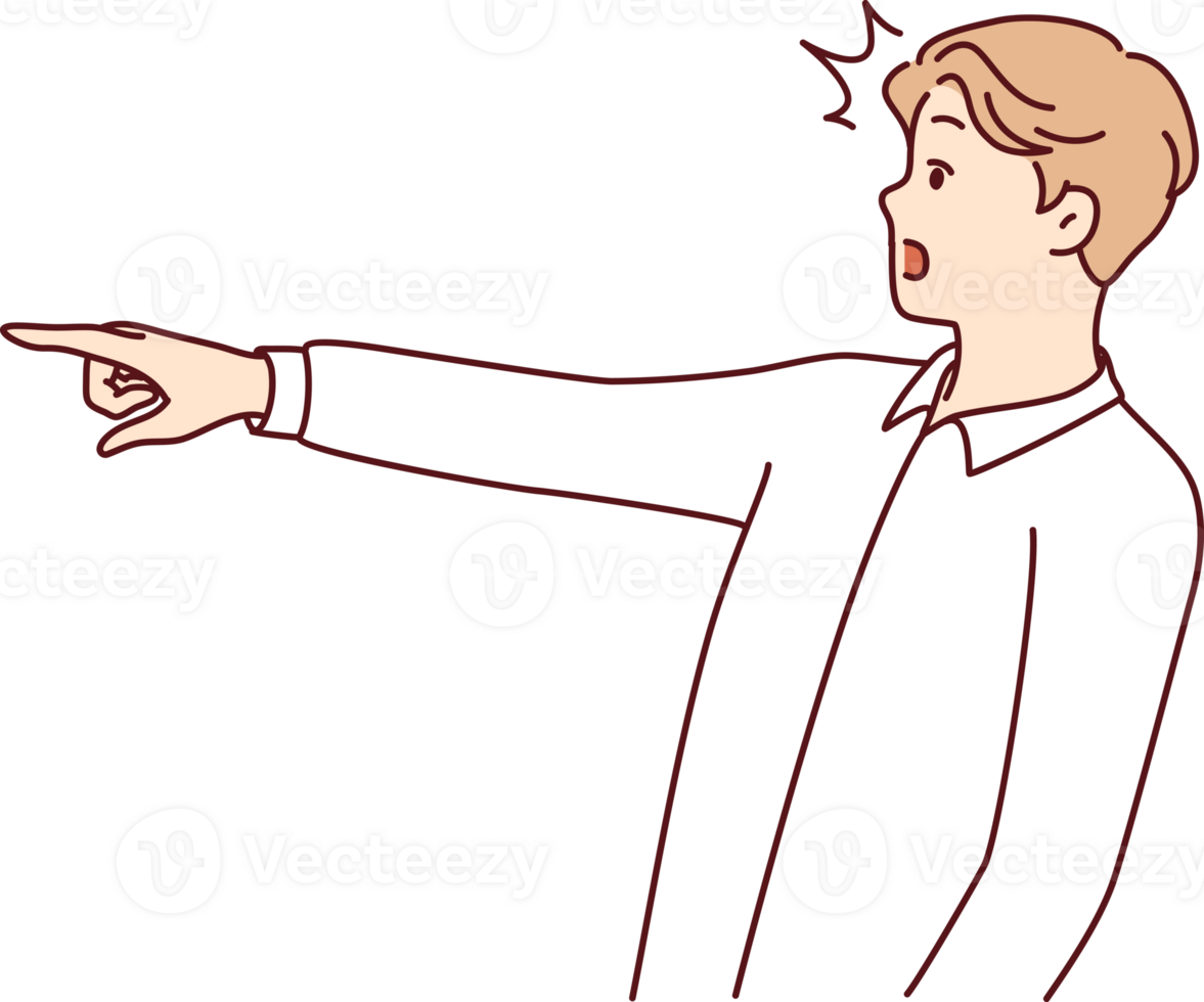 Surprised man with WOW emotions points finger to side to draw customer attention to copy space png