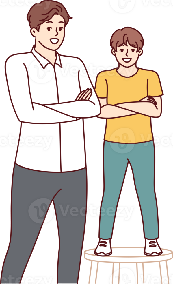 Father and son smiling standing with arms crossed and looking at screen for concept of parenthood png