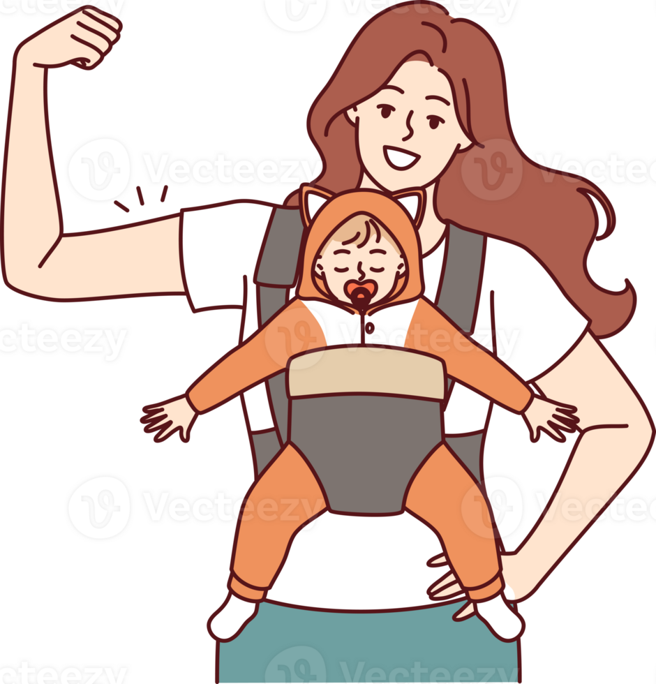 Strong mother with newborn in baby carrier shows biceps demonstrating confidence in future of child png