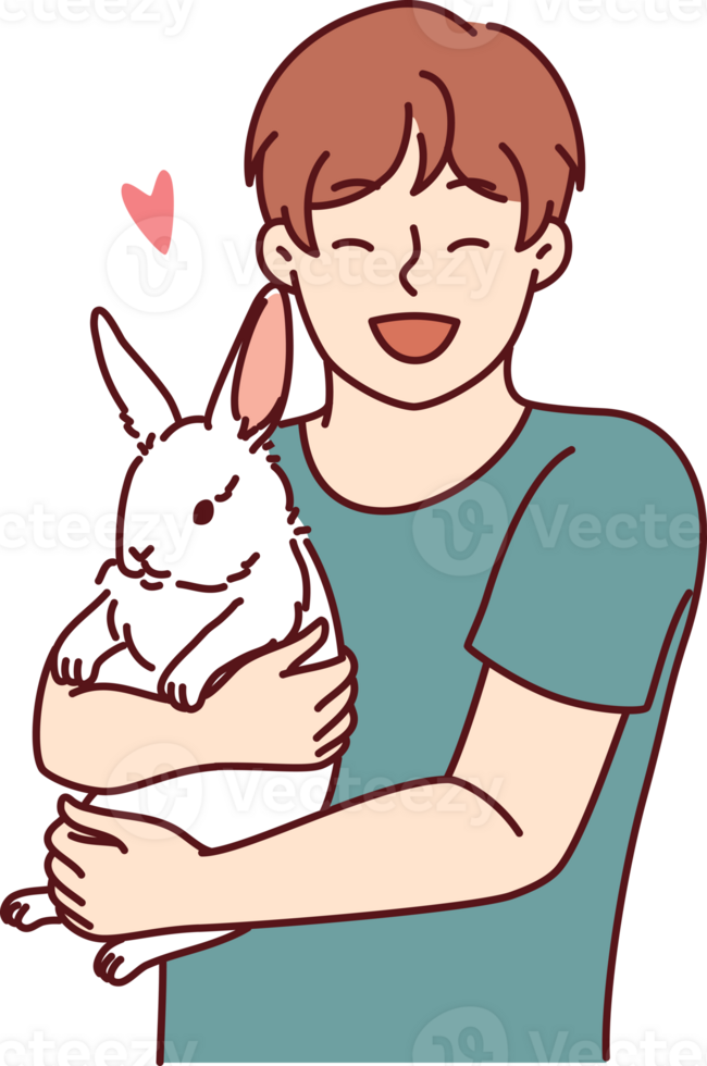 Boy with little rabbit laugh hugging beloved pet for concept of love for domestic animals png