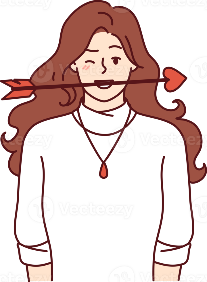 Woman in love with cupid arrow in mouth wants to seduce liked man or congratulate on valentine day png