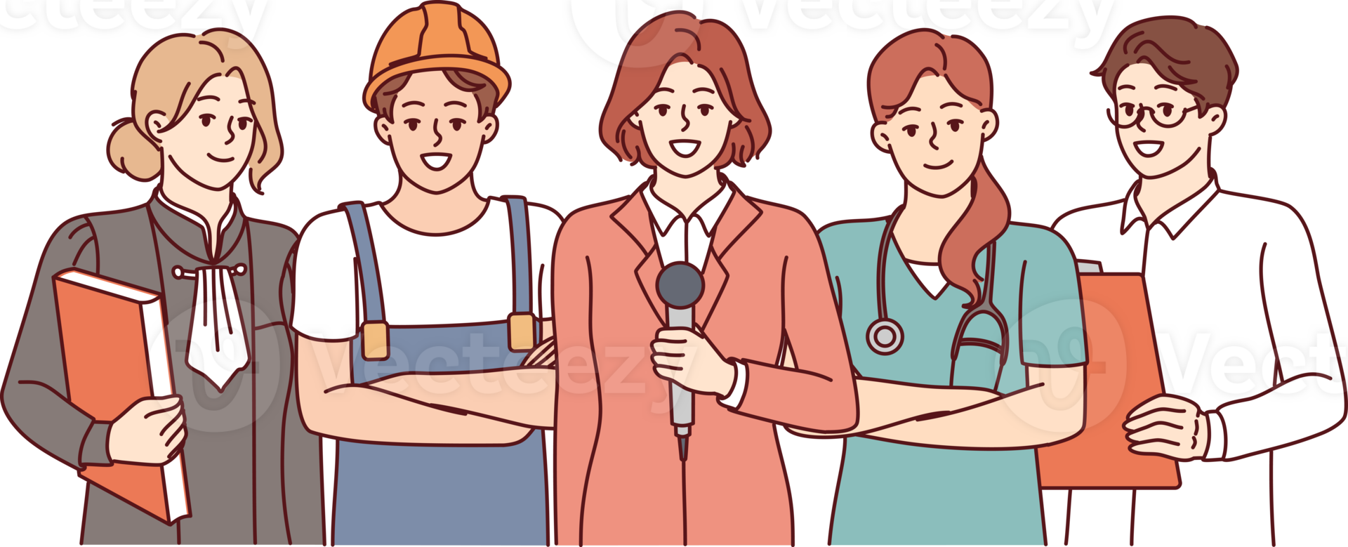 People diverse professions are smiling standing in service uniforms and posing for labor day poster png