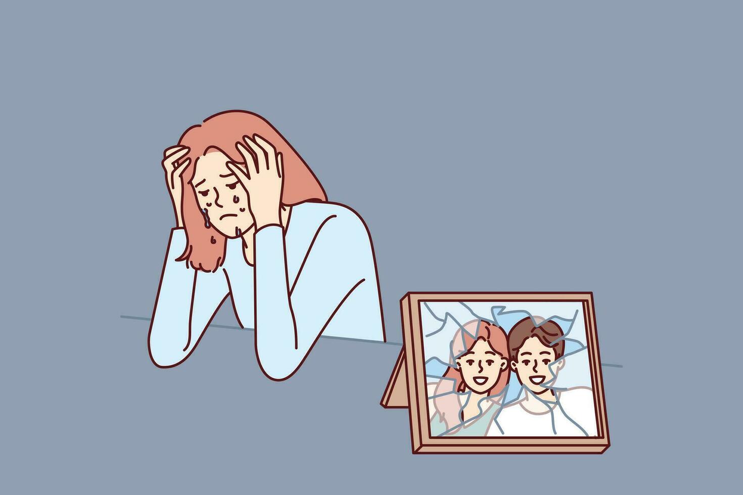 Woman cries after breaking up with husband and is sad sitting near broken photo with happy family. Widow girl cries and sheds tears after death of boyfriend causing emotional distress. vector