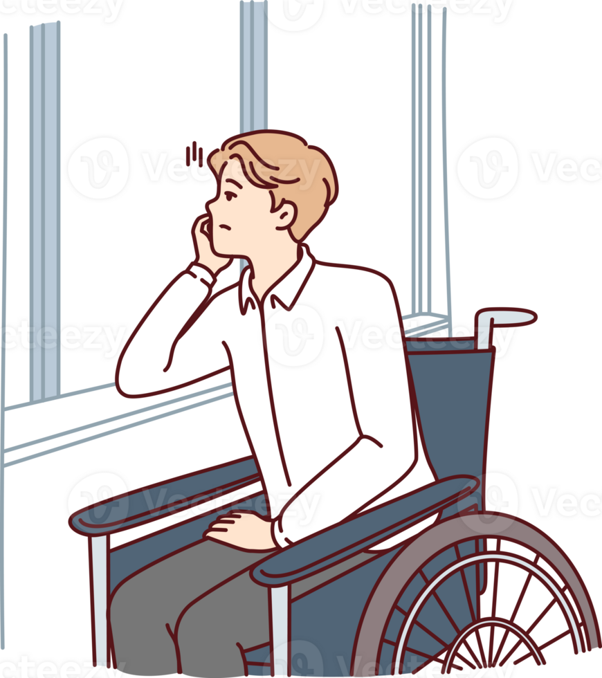 Unhappy handicapped man sits in wheelchair and sadly looks out window suffering from loneliness png