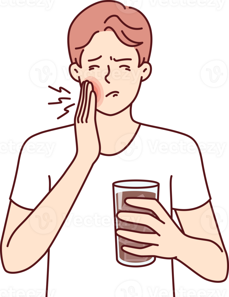 Man suffers from toothache caused by cold drink and needs pain medication and dentist png
