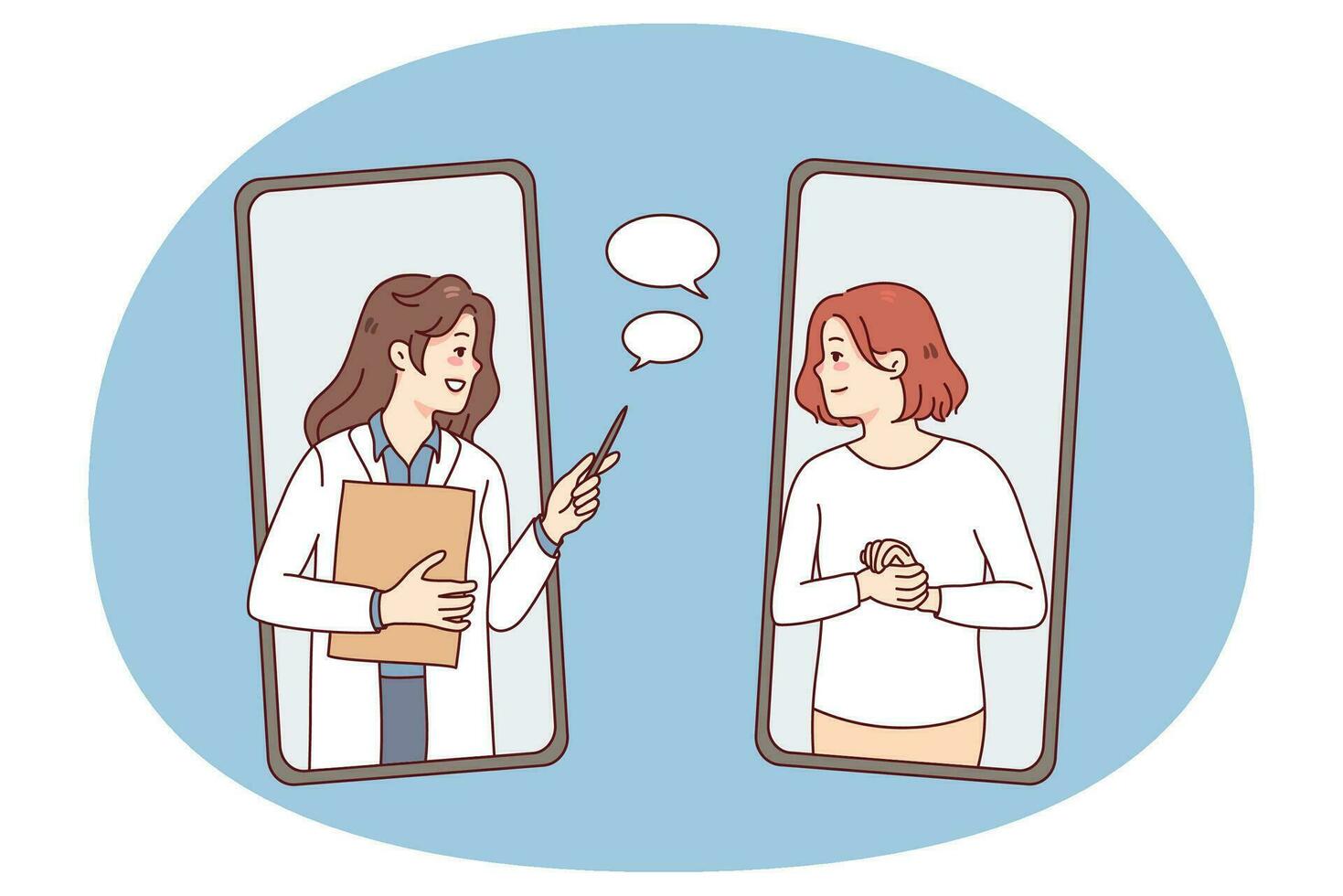 Young woman having online consultation on phone with doctor. Female patient talk with therapist on cellphone video call. Remote healthcare and medicine. Vector illustration.