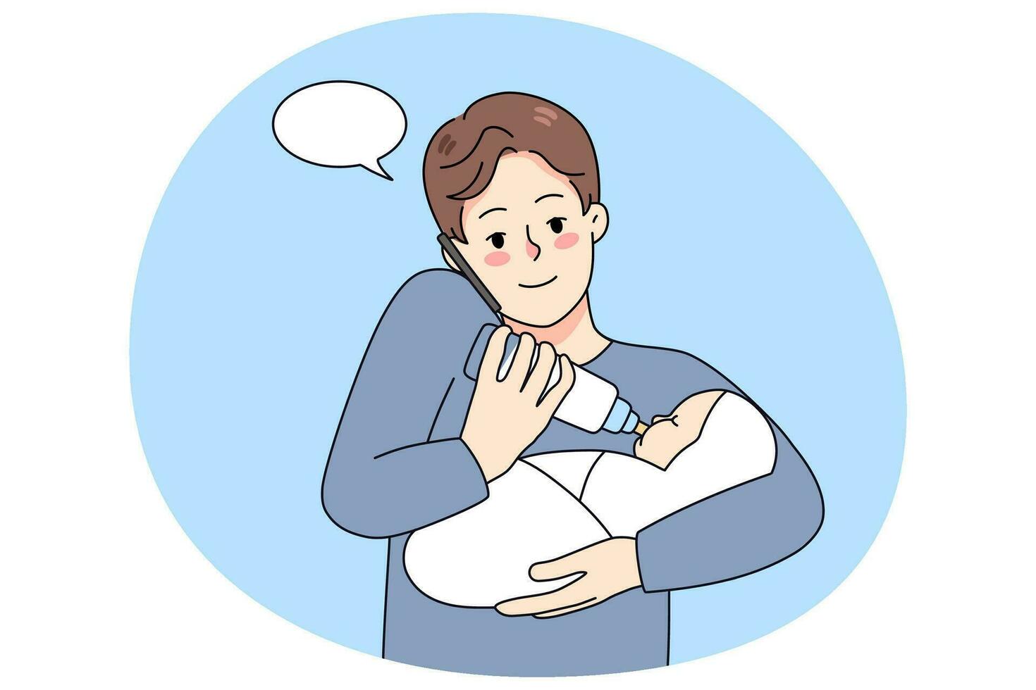 Young father multitasking feeding newborn kid talking on phone. Dad taking care of child and speaking on cellular. Parenthood concept. Vector illustration.