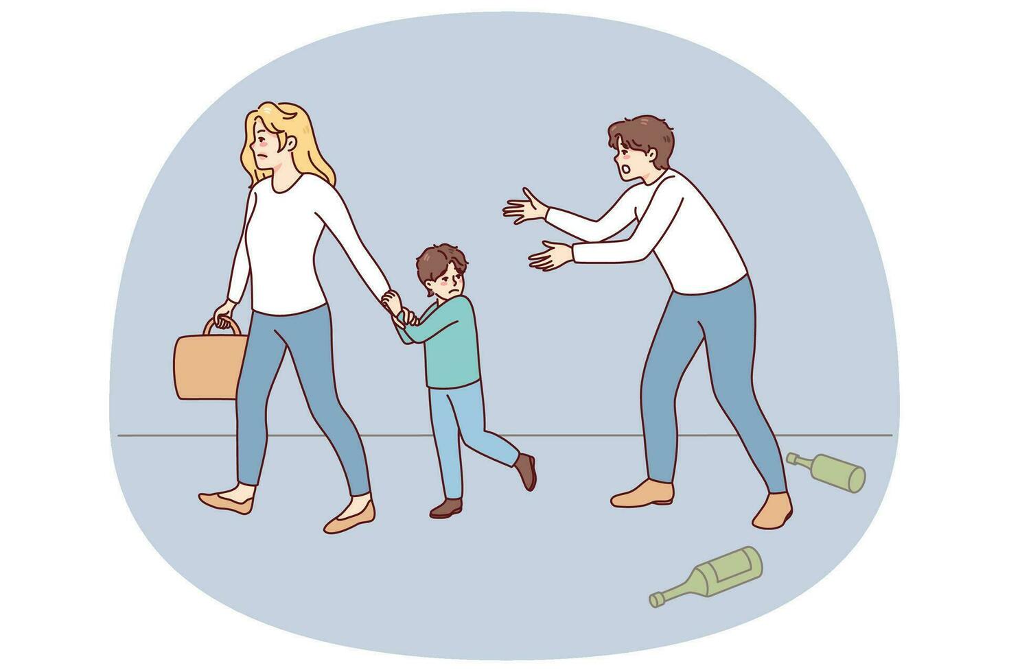 Woman take child leave alcoholic husband. Wife with small kid go away from addicted father. Alcohol addiction and family divorce. Vector illustration.