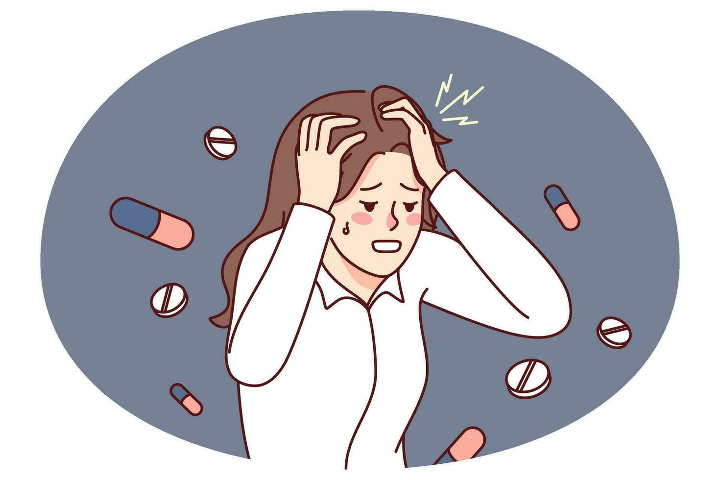 Unhealthy woman suffering from migraine need painkiller to relieve pain. Unwell female struggle with headache or dizziness. Healthcare and medication concept. Vector illustration.