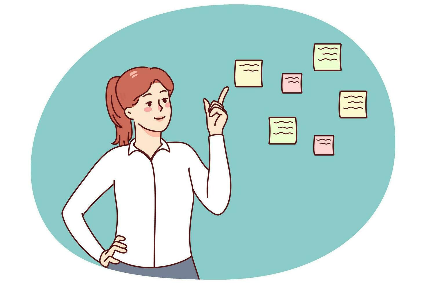 Smiling businesswoman point at sticky notes with numbers planning tasks. Happy woman prioritize to do list, share work schedule. Time management concept. Vector illustration.