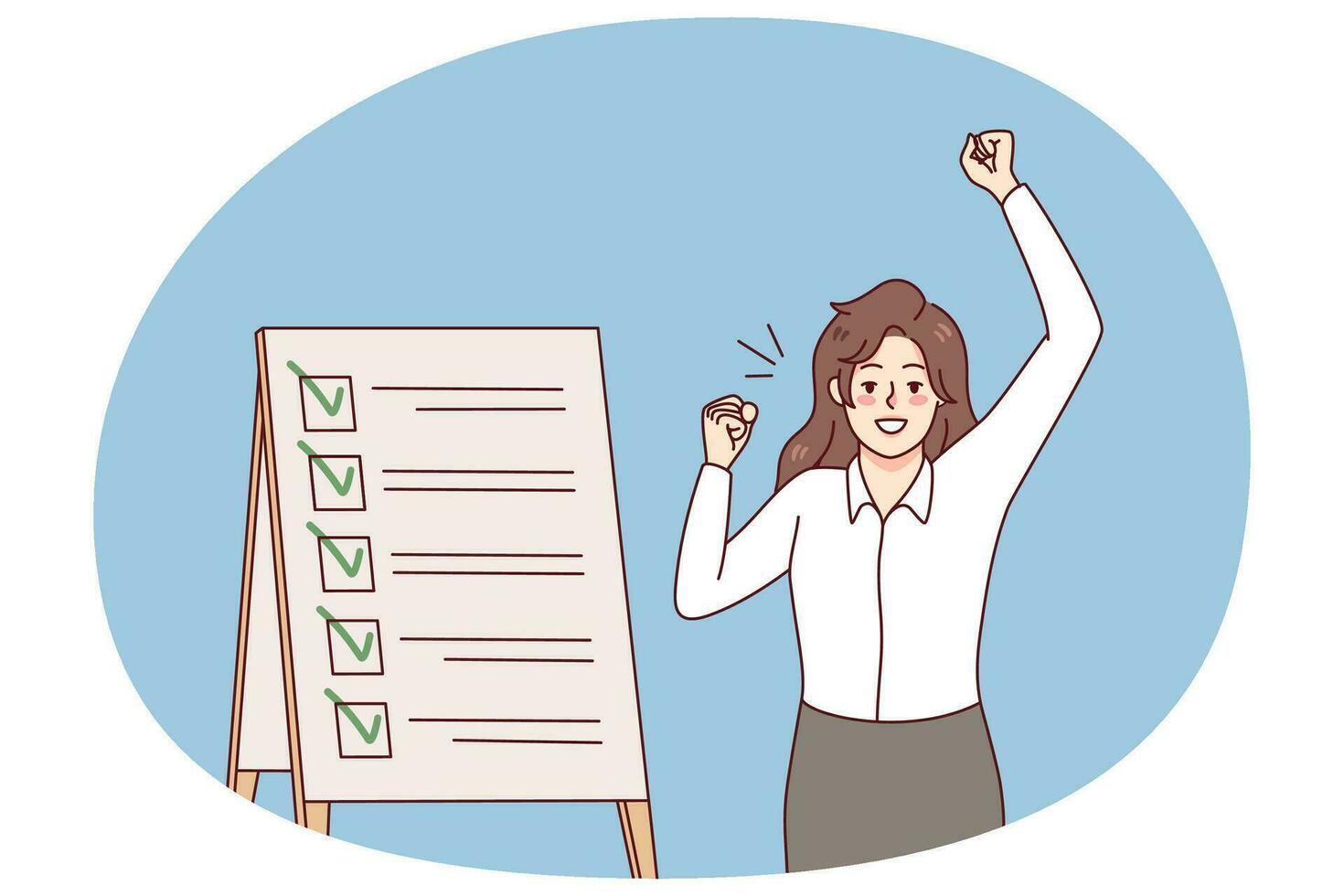 Happy businesswoman triumph with business tasks succeed. Smiling woman employee complete to do list. Schedule and time management and organization. Planner. Vector illustration.