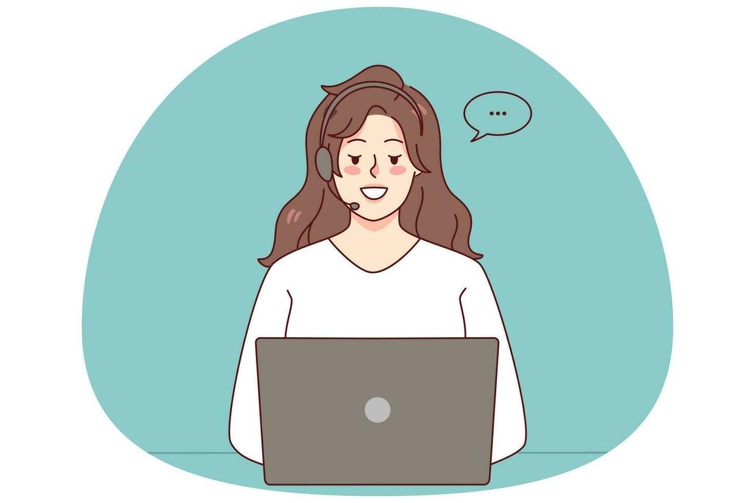 Woman in headphones working on computer in office online. Smiling female call center agent in headset talking with customer using laptop. Helpline. Vector illustration.