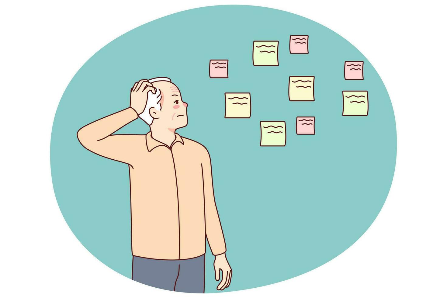 Elderly man making notes suffering from memory loss. Old grandfather use memo stickers struggling with Alzheimer or dementia. Health problems concept. Vector illustration.